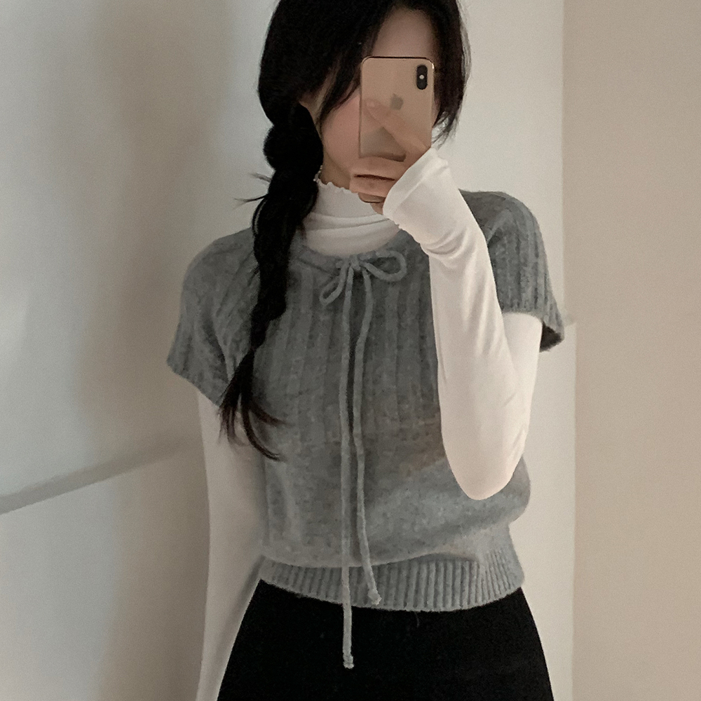 ウール リボン クルーネック 半袖 ニット