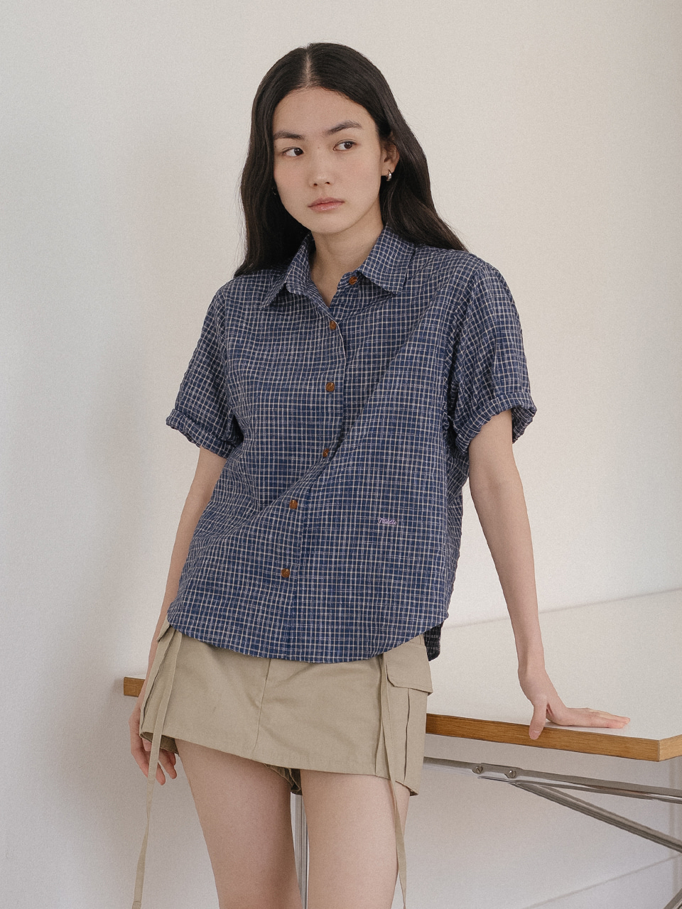 Ann button point shirt_Navy