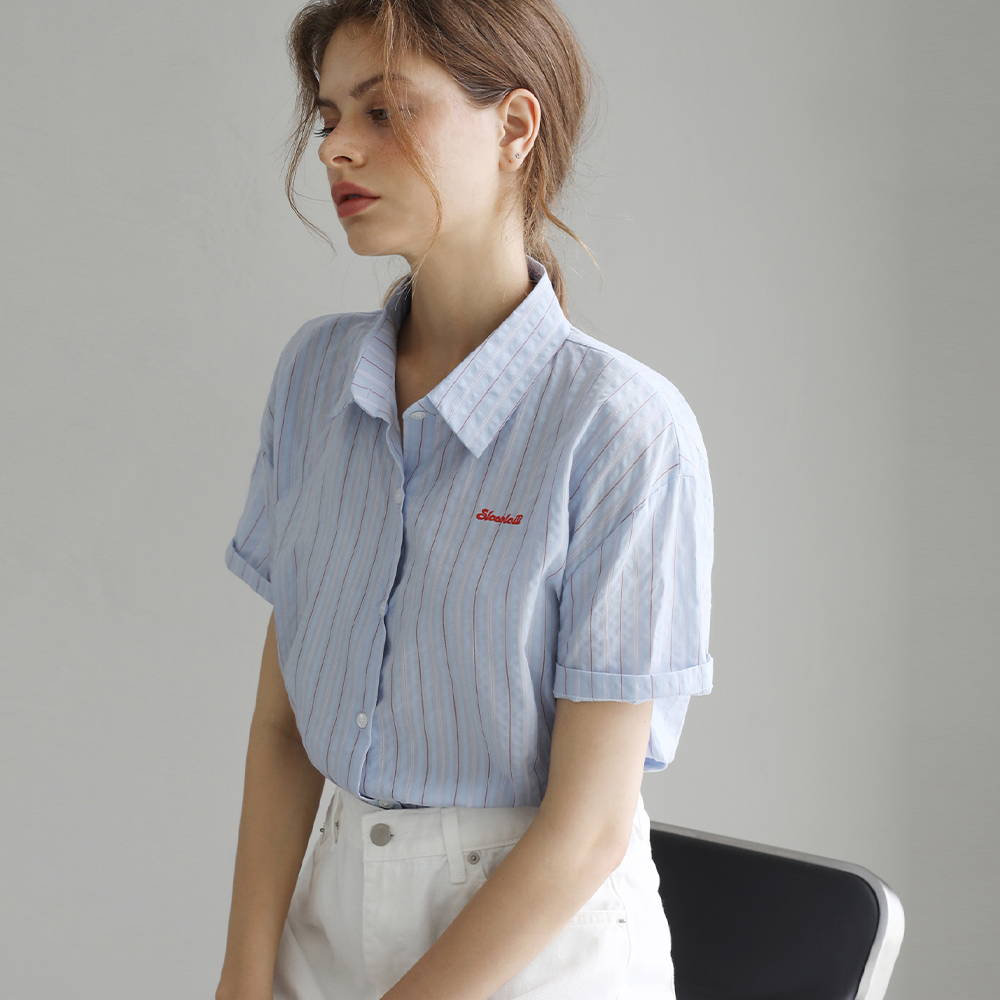 Natural pinstripe Short-Sleveve Shirt - Blue