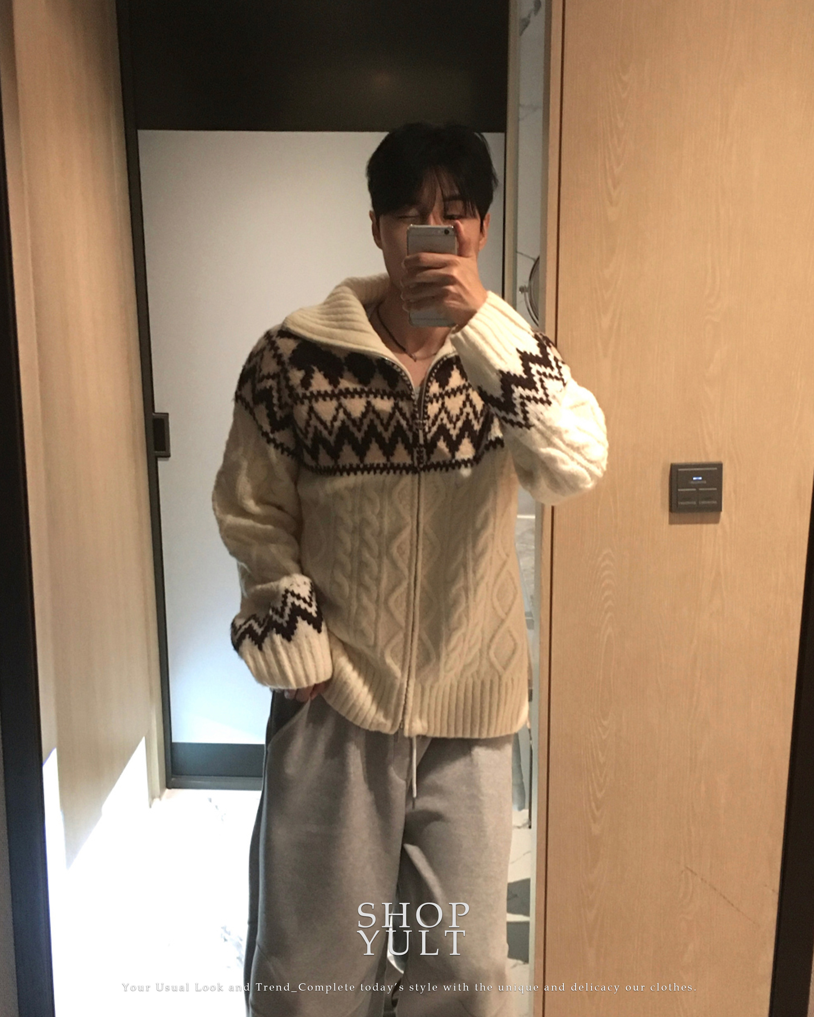 (3 color) ウール ハンドメイド ニット ジップアップ