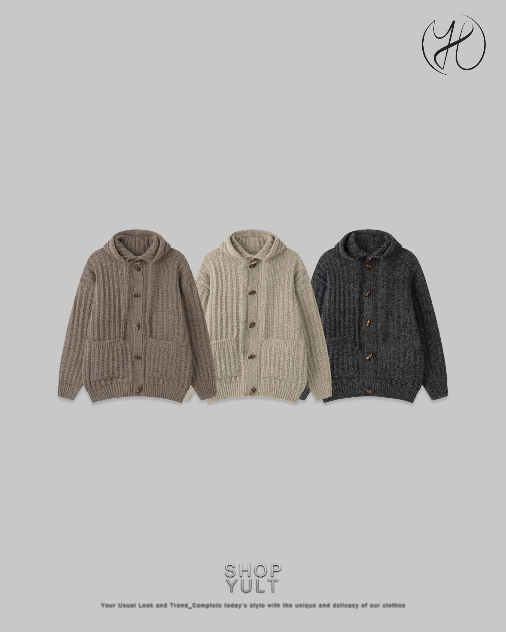 3color)ダッフルボタンニットジップアップパーカー | ファッション通販