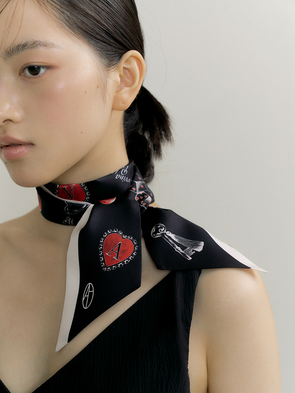 Cherry Charm Long Twilly Silk Scarf - Black