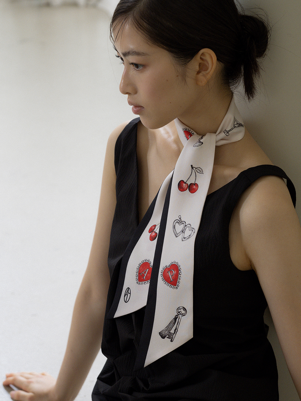 Cherry Charm Long Twilly Silk Scarf - Cream