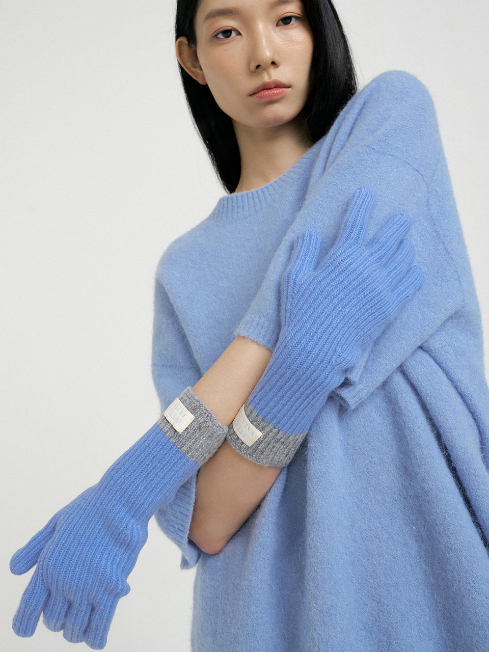 Cashmere Blend Ribbed Knit Gloves - Azure Blue/Grey