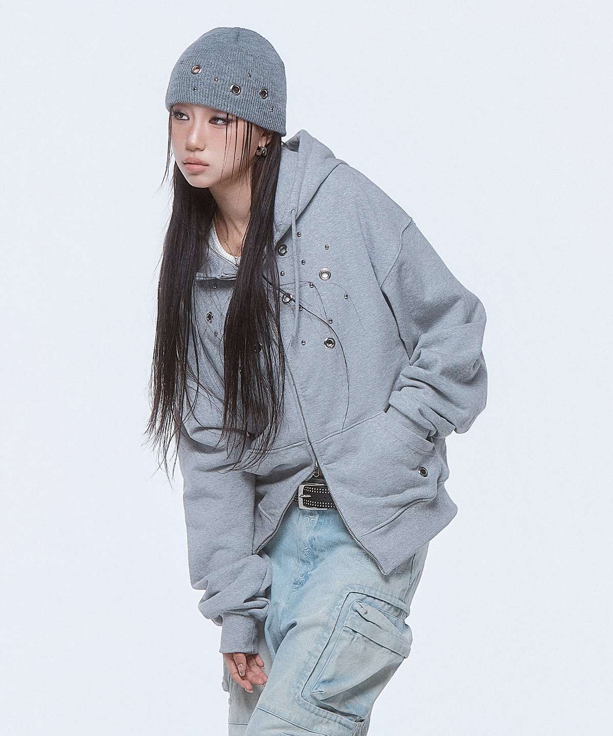 DUC) Eyelet Stud Hoodie Zip-up Gray | ファッション通販サイト NUGU