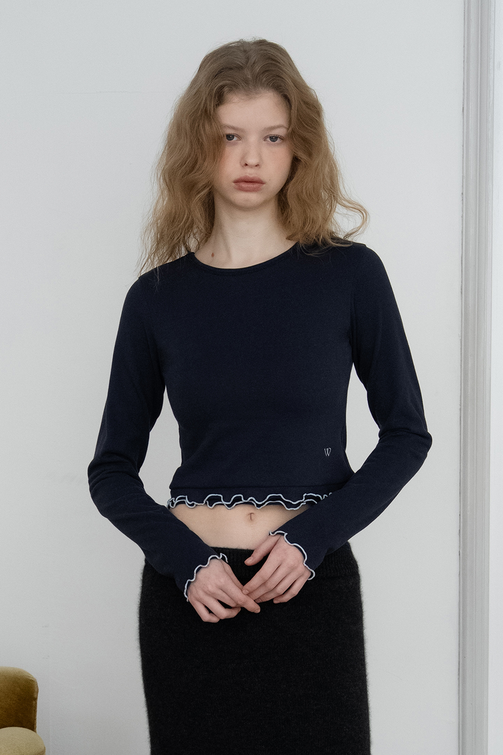 Frill crop t-shirt_navy