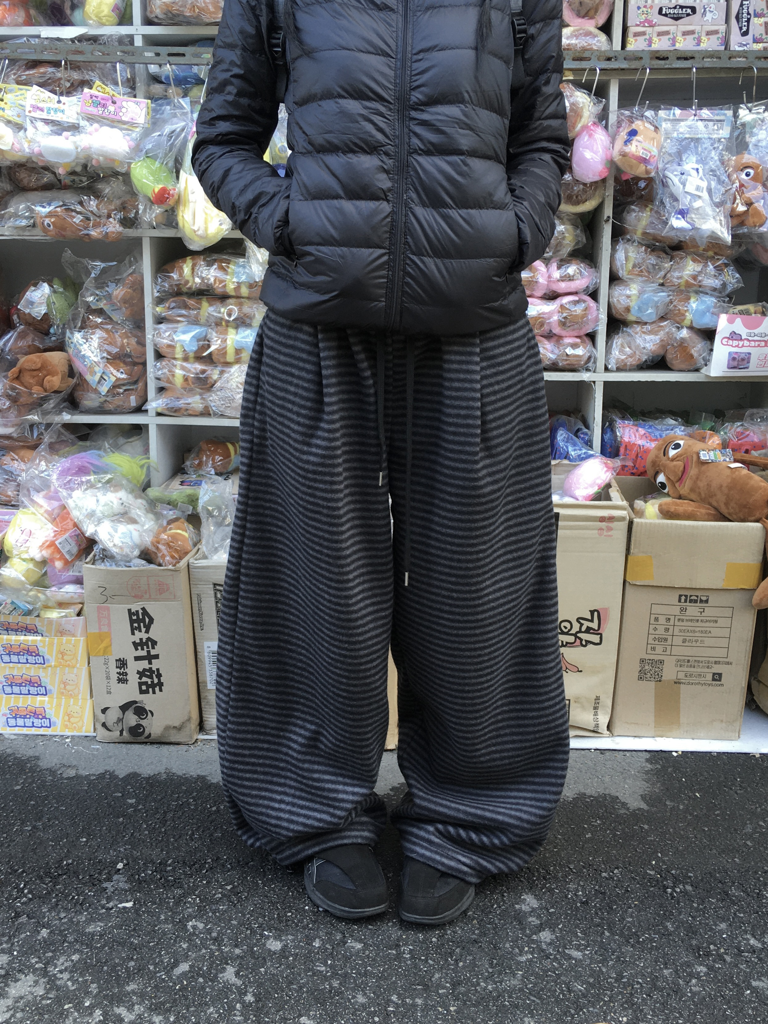 (2color)ストライプワイドフリースパンツ