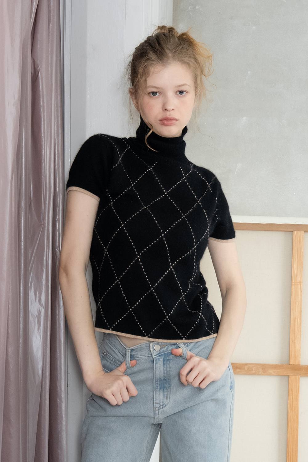 Argyle turtleneck half knit_black