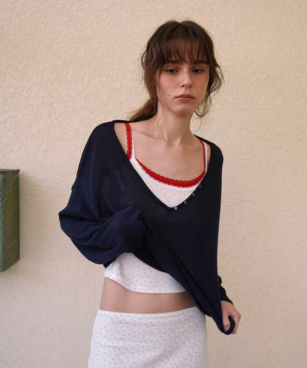 Button v-neck knit_navy