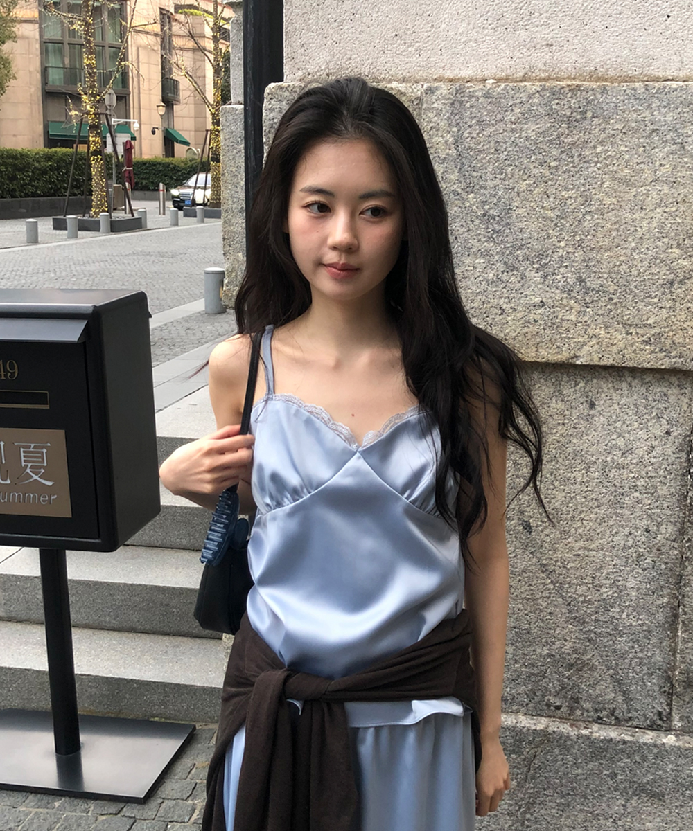 Satin lace top_skyblue