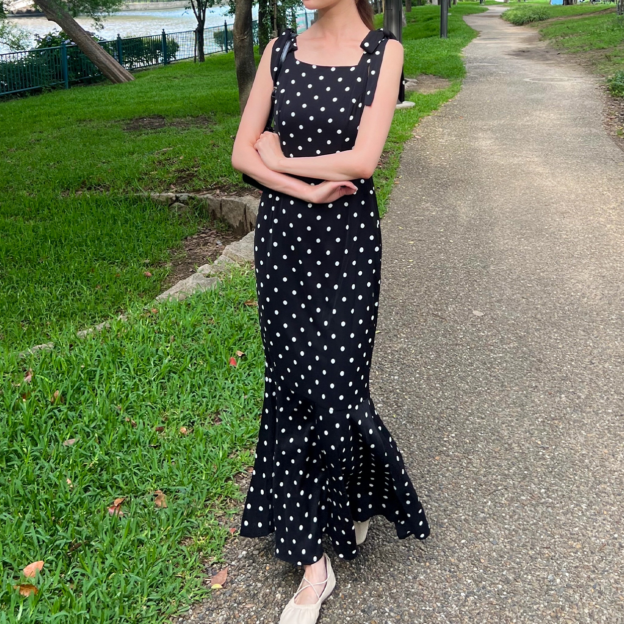 JOIEVE ドット ワンピース マーメイドスカート スクエアネック ワンピース JOIEVE ドット ワンピース マーメイドスカート スクエアネック