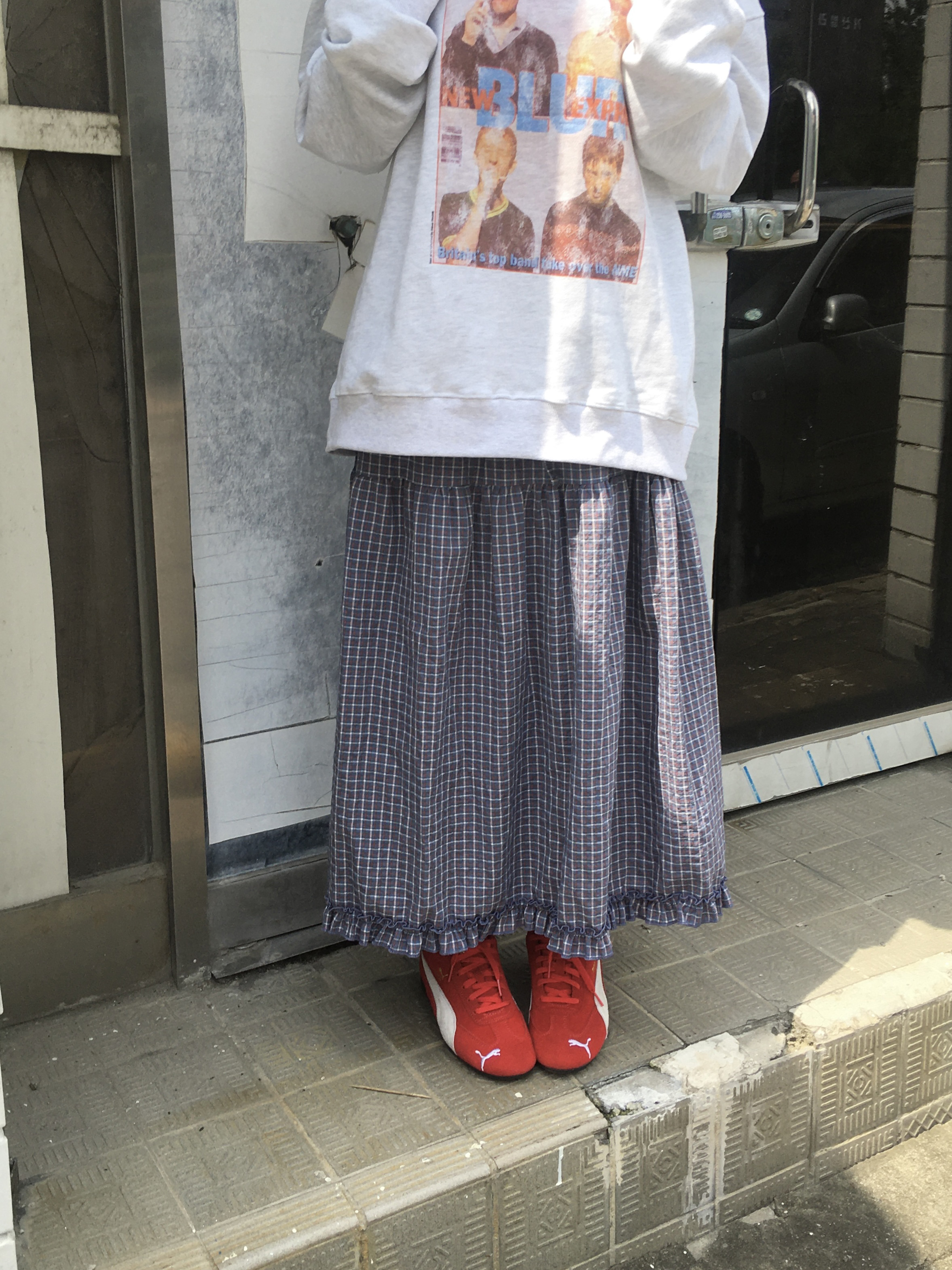 フリルチェックロングスカート チェック服 チェック柄フリルロングスカート スカート|チェック