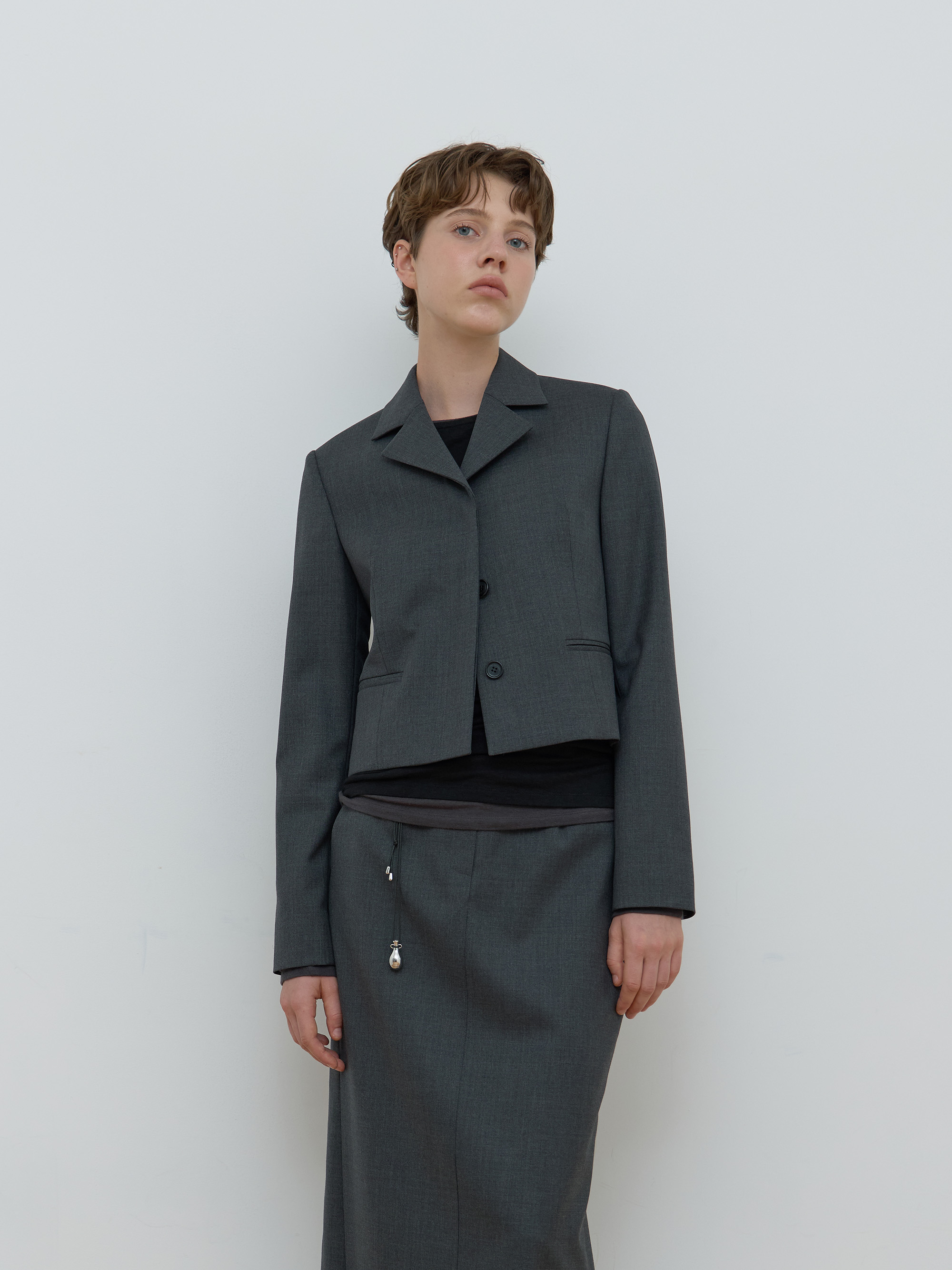 SINGLE HIDDEN CROP JACKET_MELANGE GREY