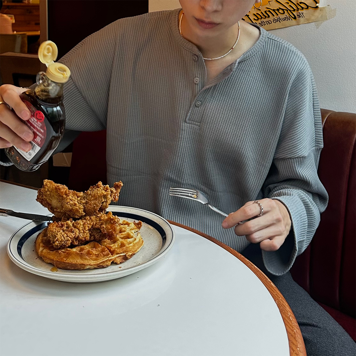 ワッフルヘンリーネックTシャツ