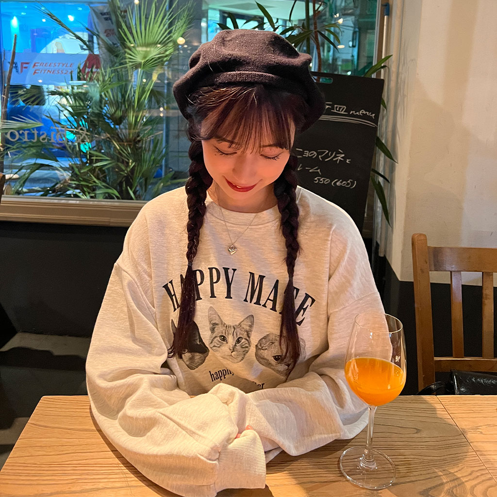 キャットプリンティングバルーンスリーブTシャツ