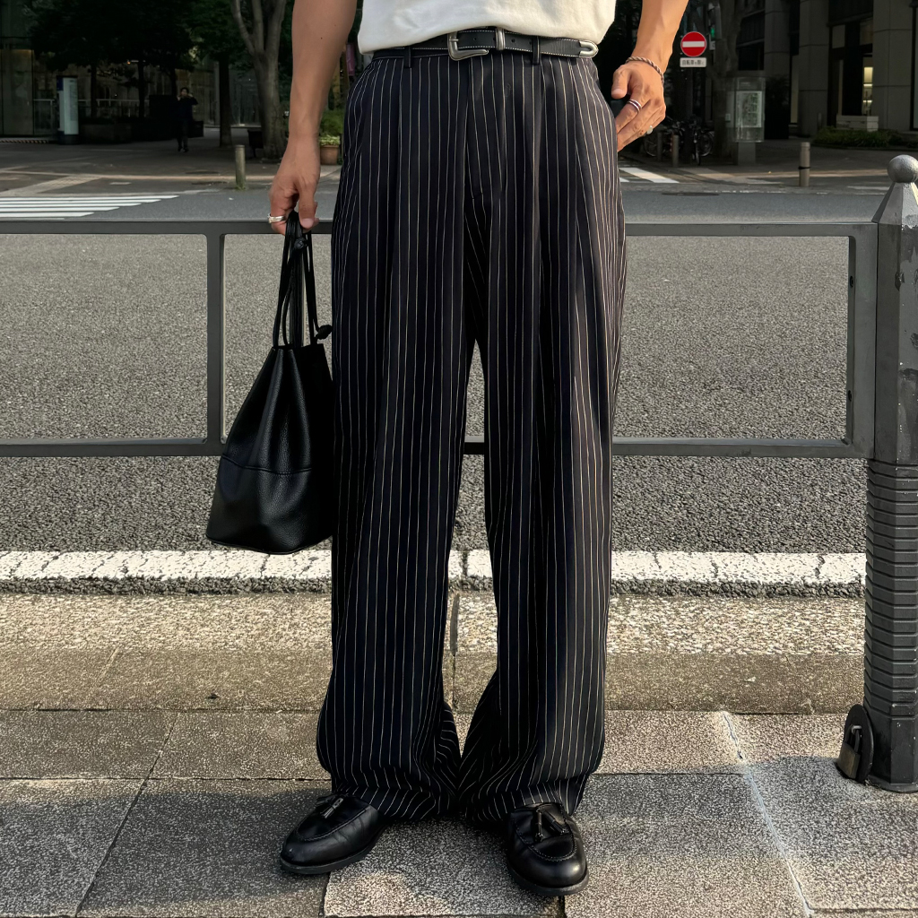 (ユニセックス) ストライプバックゴムスラックス