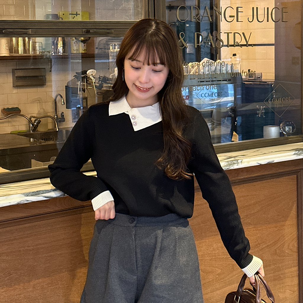 アンバランス襟バイカラーニット