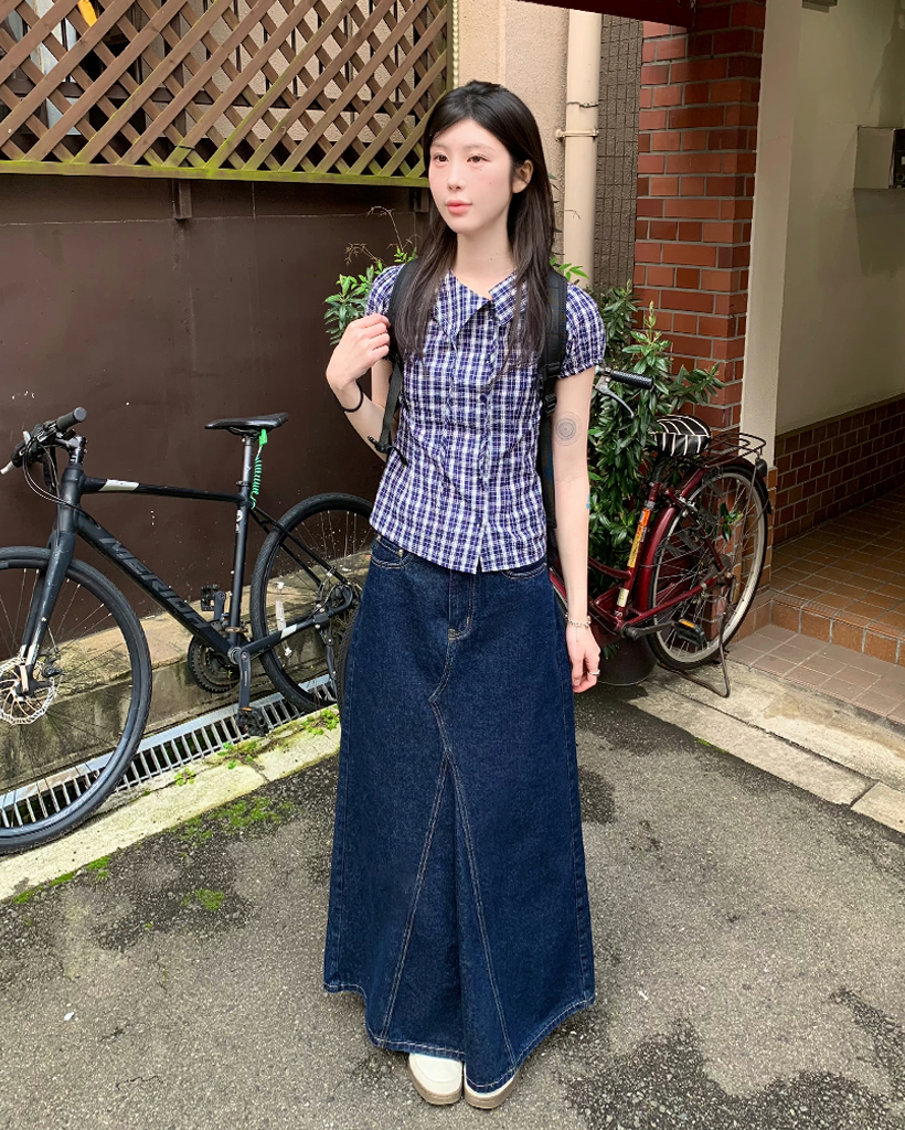 (ORIGINAL) 2wayチェックドローストリングブラウス