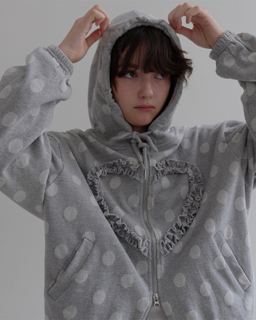 K-POPアイドル着用] Frill Heart Hoodie, Dot Grey