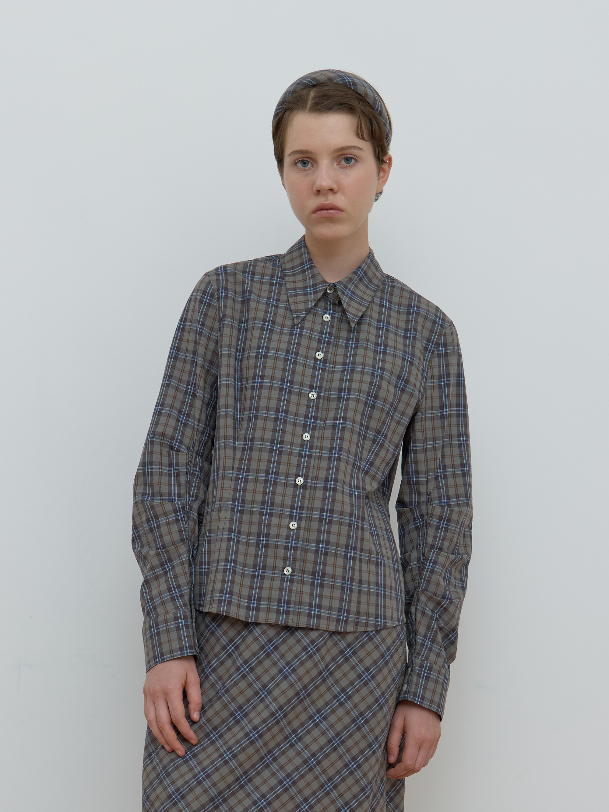 CHECK PIN-TUCK SHIRT_KHAKI GREY