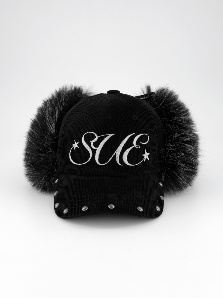 CORDUROY FUR EARFLAP CAP / BLACK