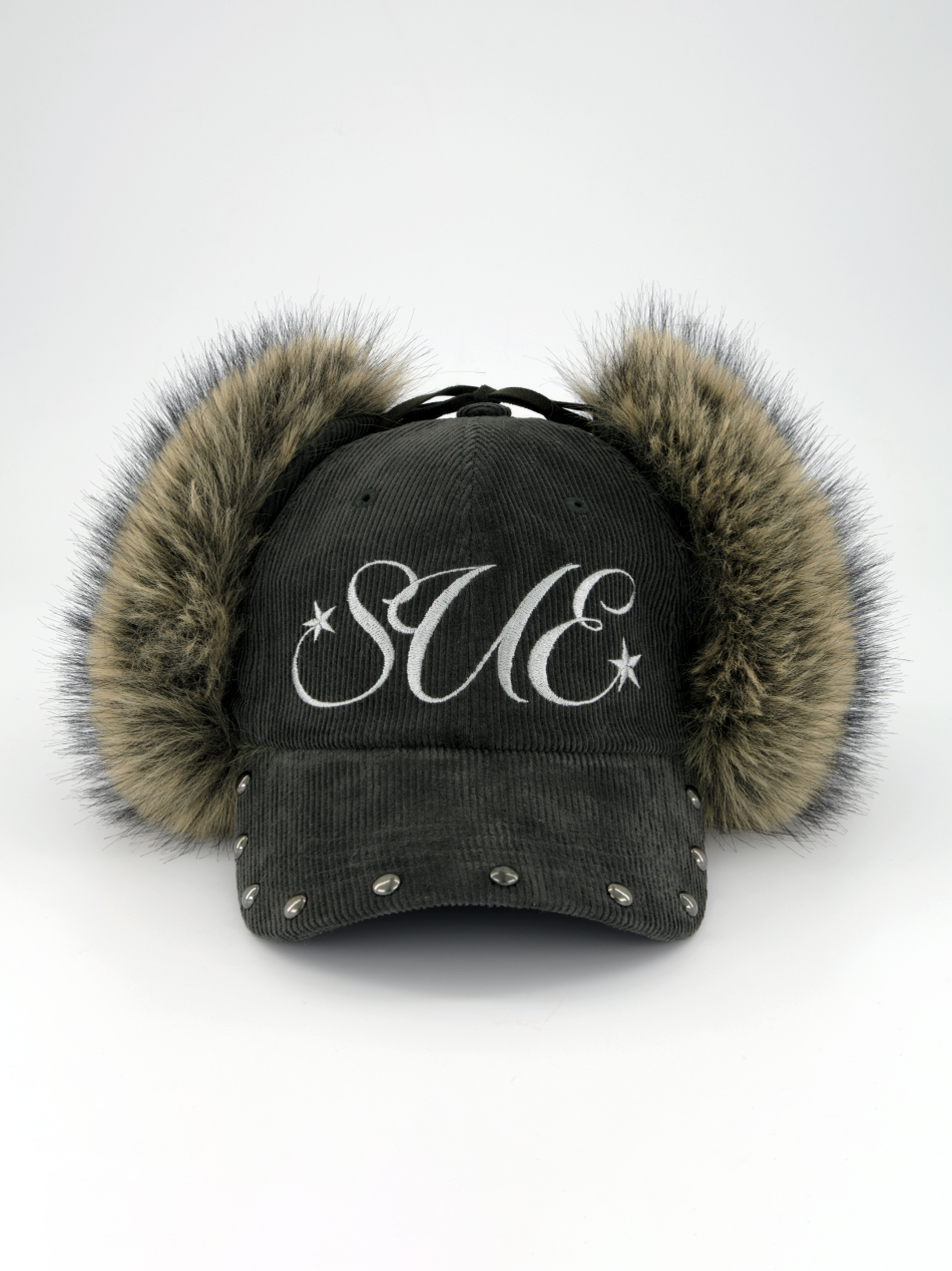 CORDUROY FUR EARFLAP CAP / CHARCOAL