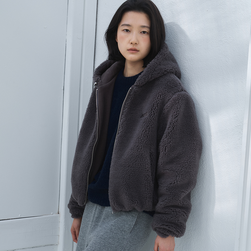 TEDDY HOODED FUR JACKET (CHARCOAL)