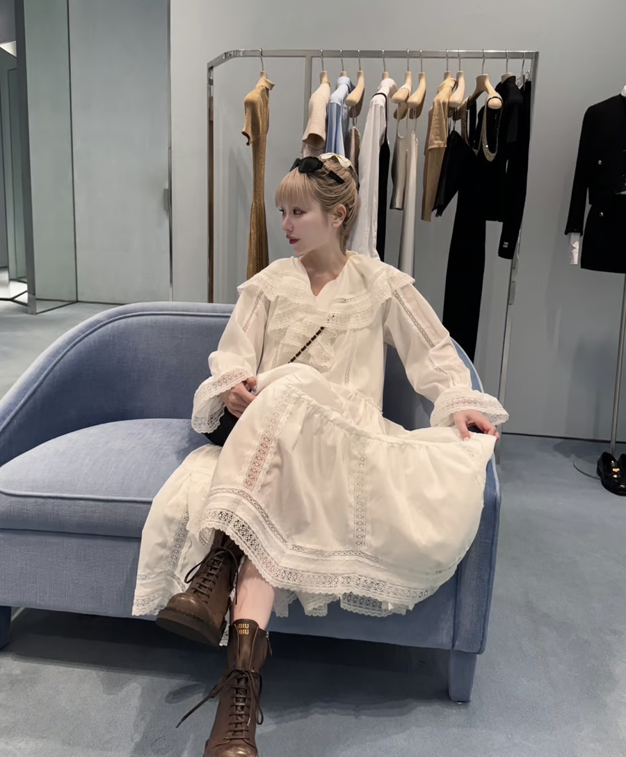 lace frill collar cotton long one piece | ファッション通販