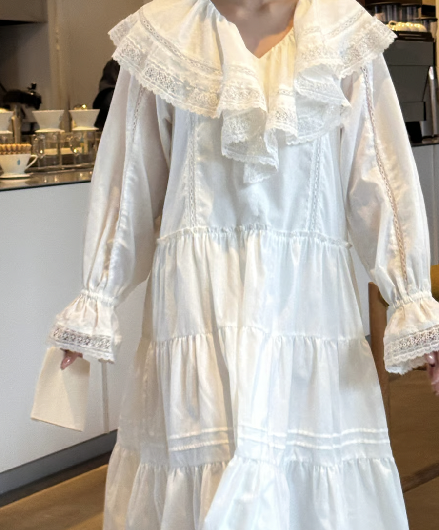 ワンピース lace frill collar cotton long one piece lace frill collar cotton long one piece - メルカリ
