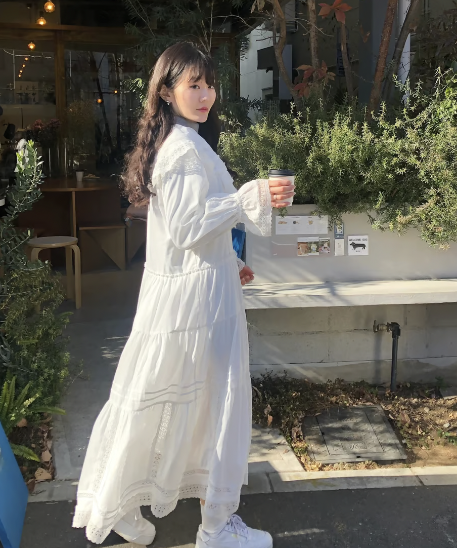 lace frill collar cotton long one piece | ファッション通販