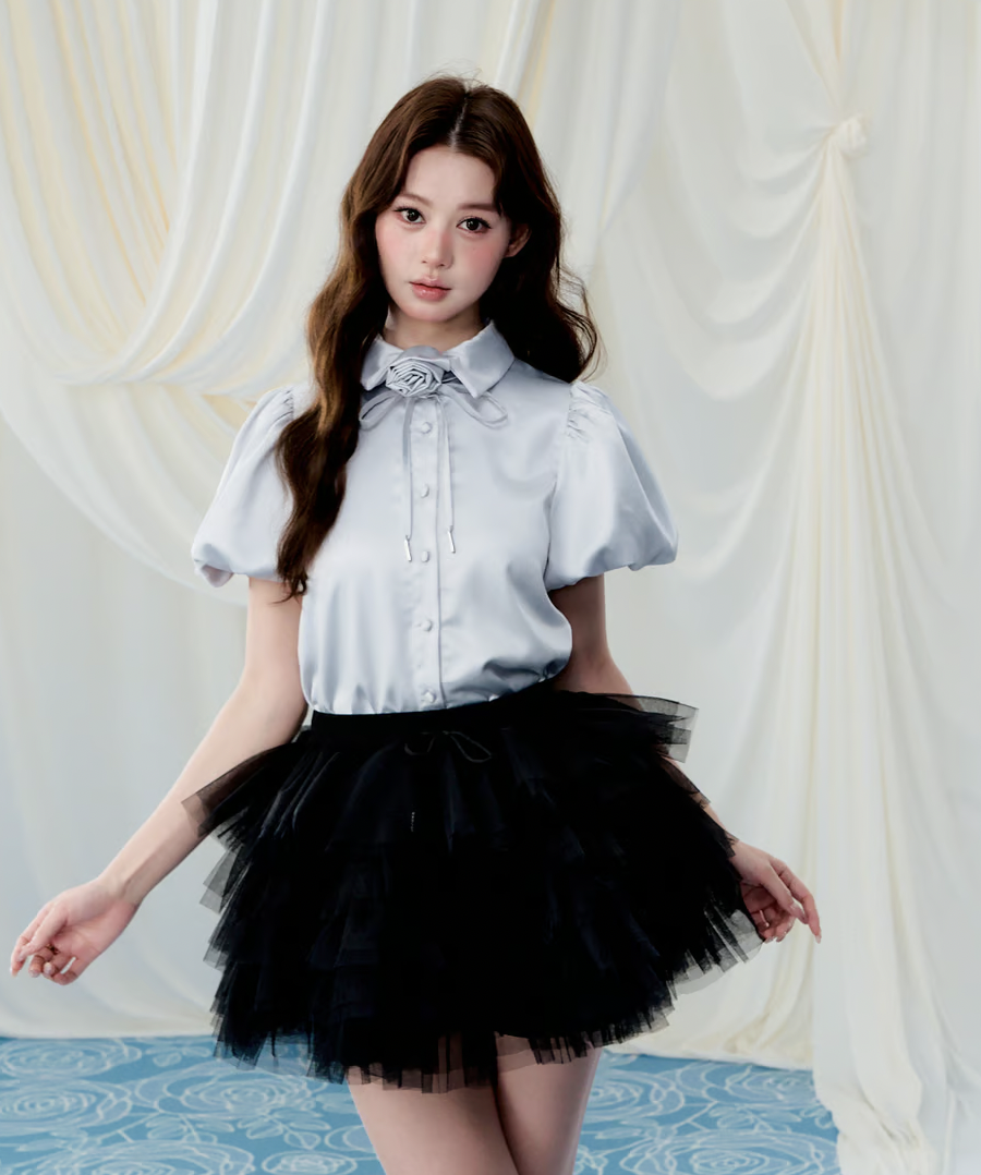 Rose choker satin puff blouse | ファッション通販サイト NUGU