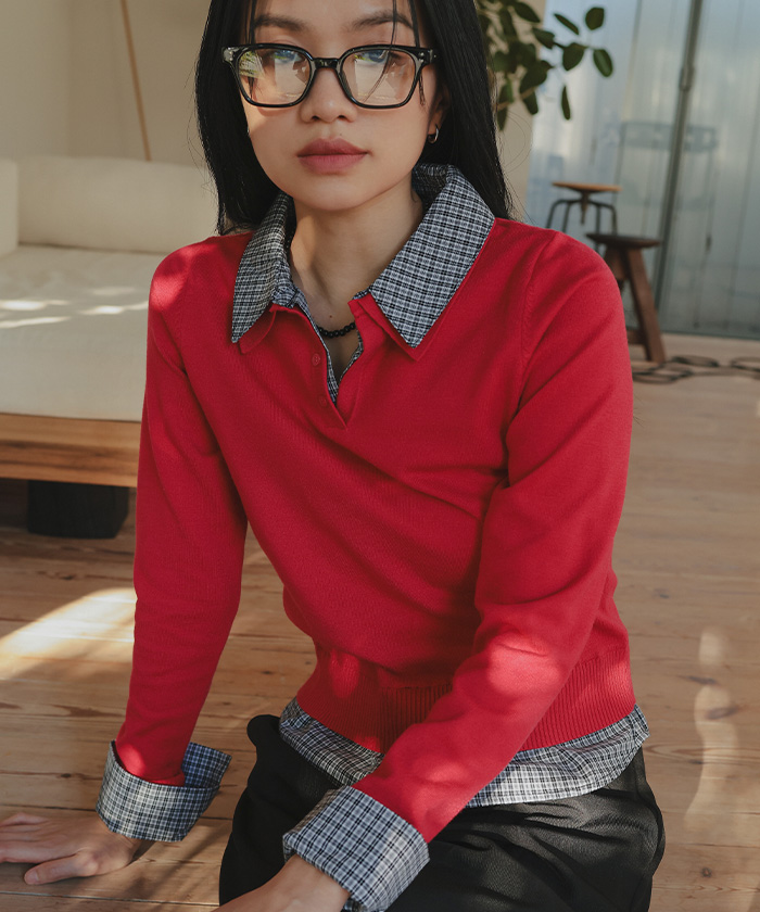 シャツレイヤード風ポロニット