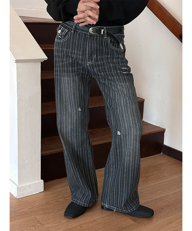 [Unisex] Stripe brush semi wide denim pants