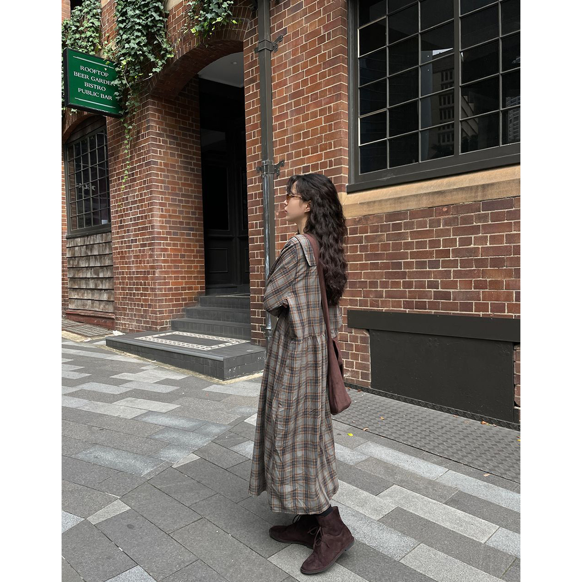 ピンクグレー　ノースリーブチェック柄ロングワンピース MAISON DE THERESE ワンピース ノースリーブチェック柄ロング