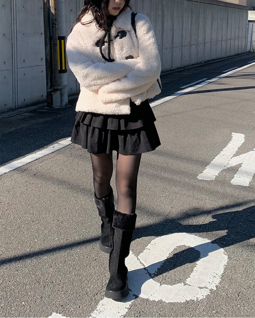 クリスマス/年末] ボアキルティングバックルショートコート (3color