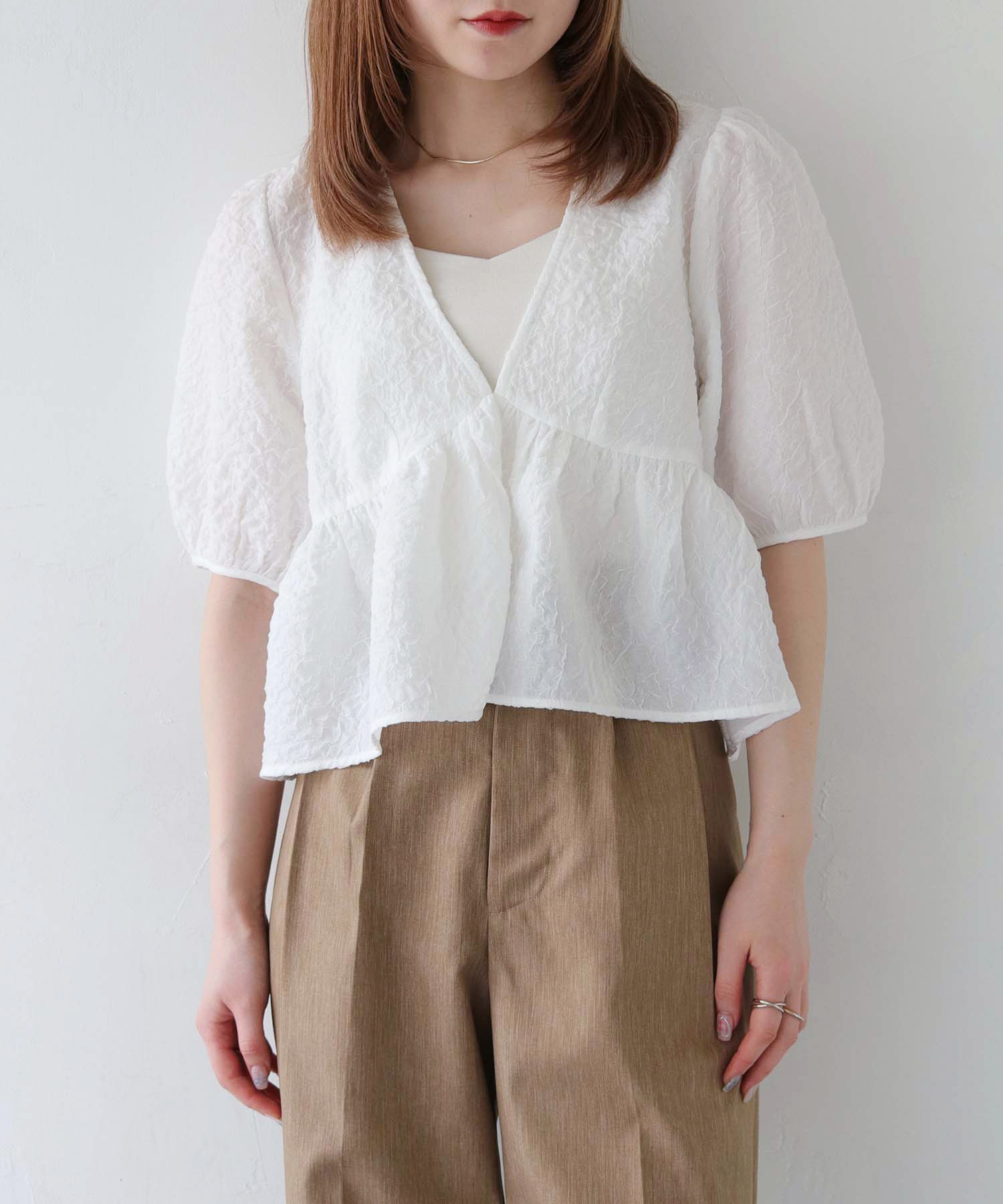 Vネックパフスリーブシアーブラウス 293-11642 | ファッション