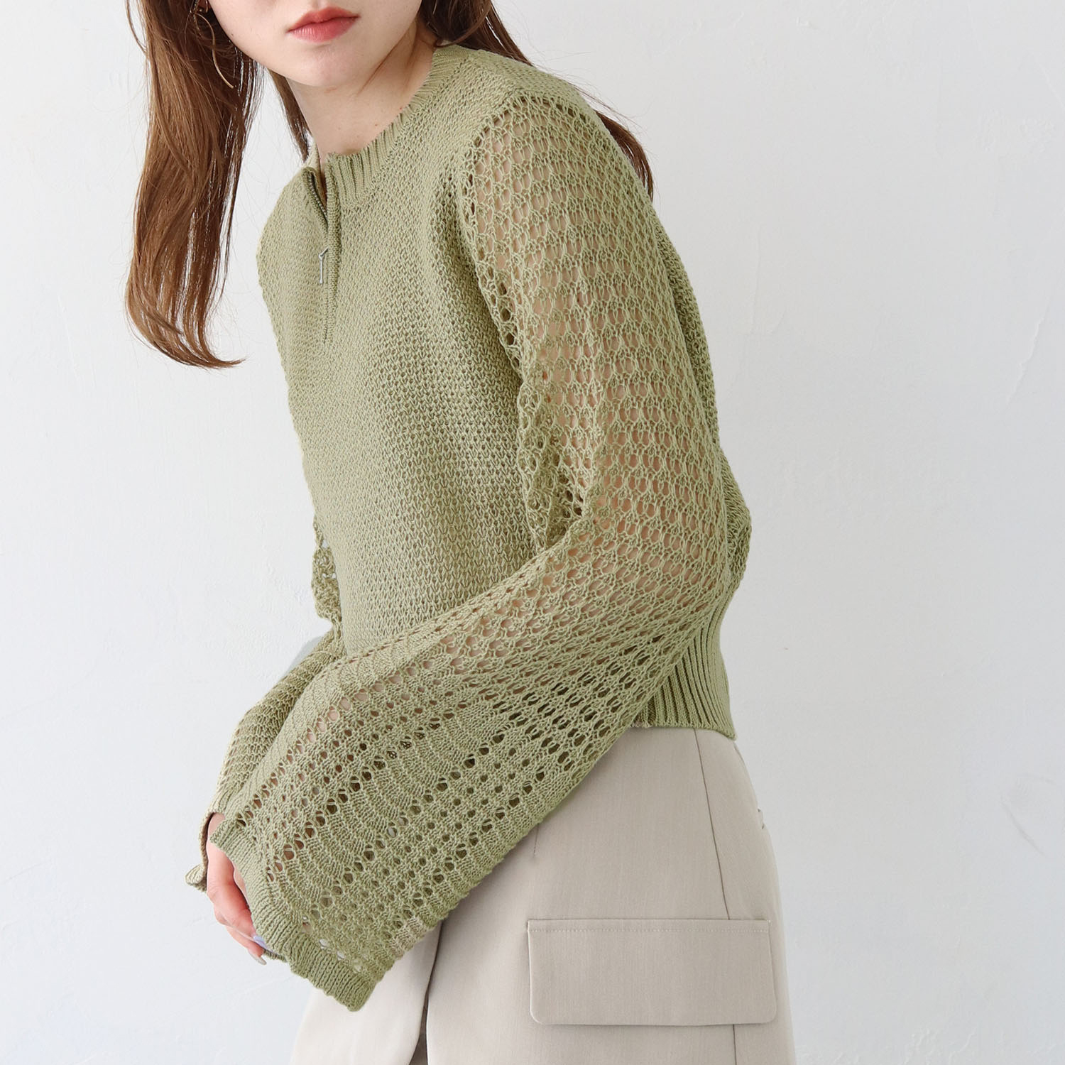 新品【Reneルネ】ウォッシャブル透かし編みダブルジップパーカー36 セール】【BENDER TOKYO】透かし編み メッシュ ニット ジップ