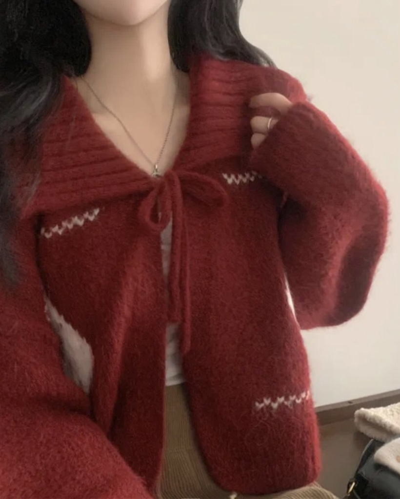 (4 color) リボンノルディック柄ボレロカーディガン