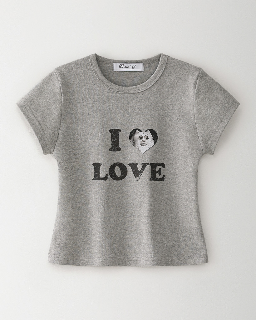Bluesf 'I Love Cat' crop tee [Melange Grey] | ファッション通販