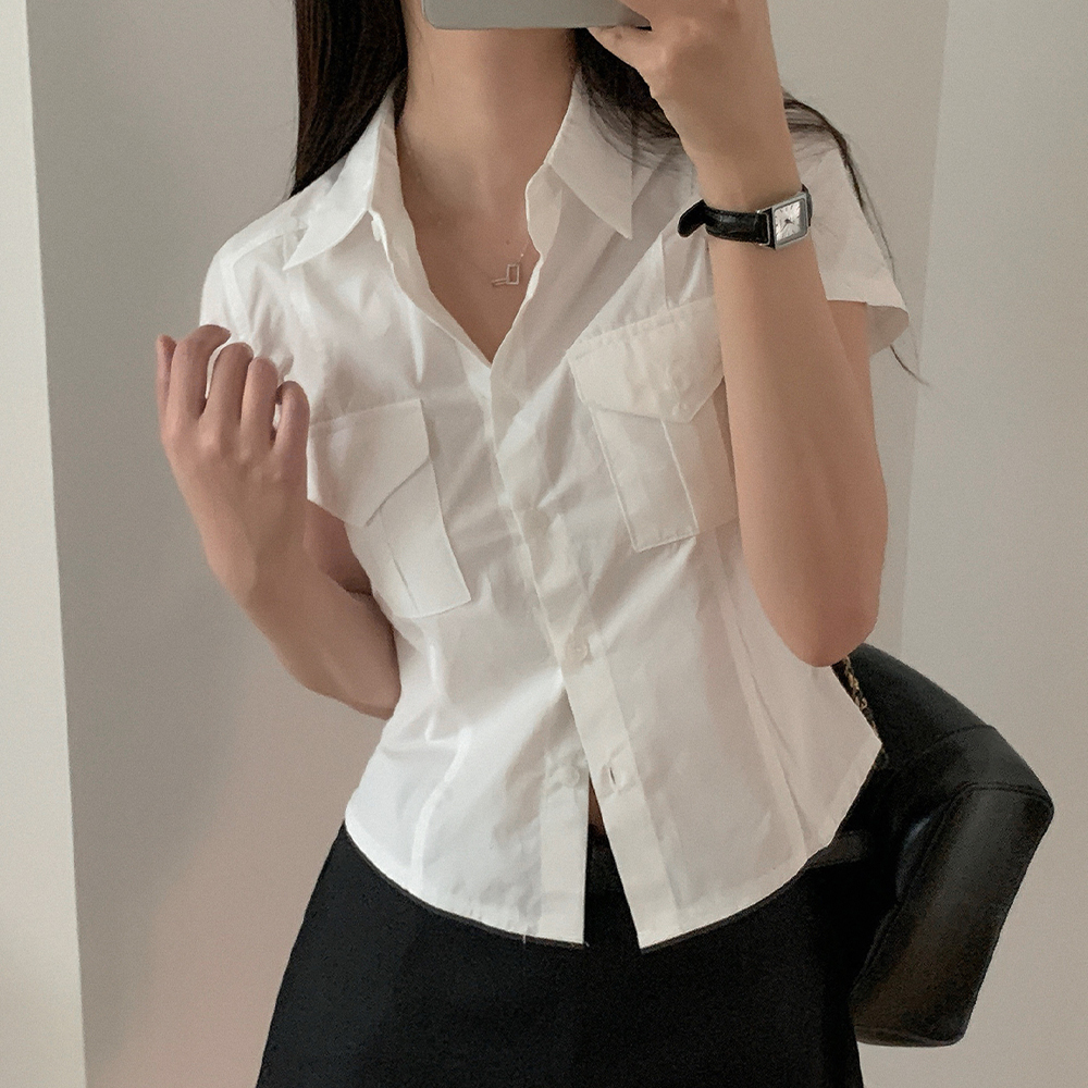 半袖 シャツ ホワイト ツーポケット スリム シャツ