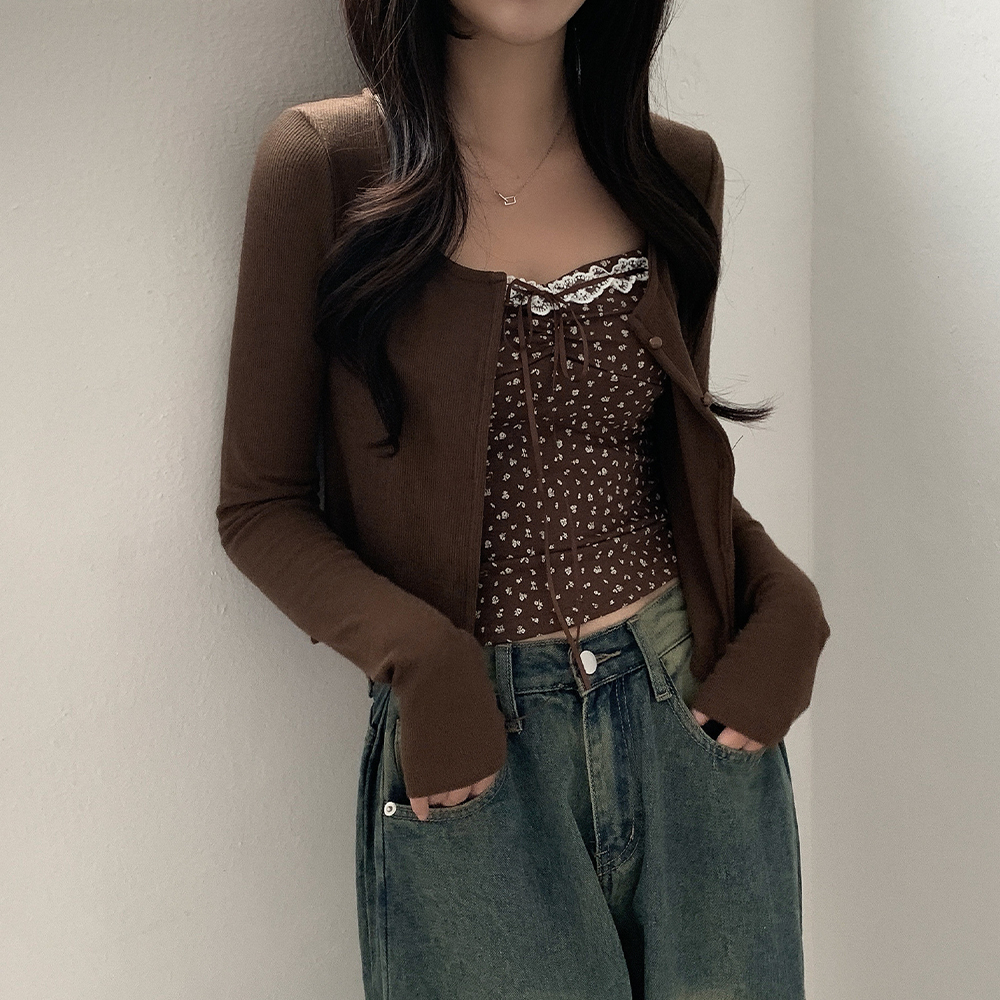 (set)レースフラワーノースリーブ＆リブカーディガン