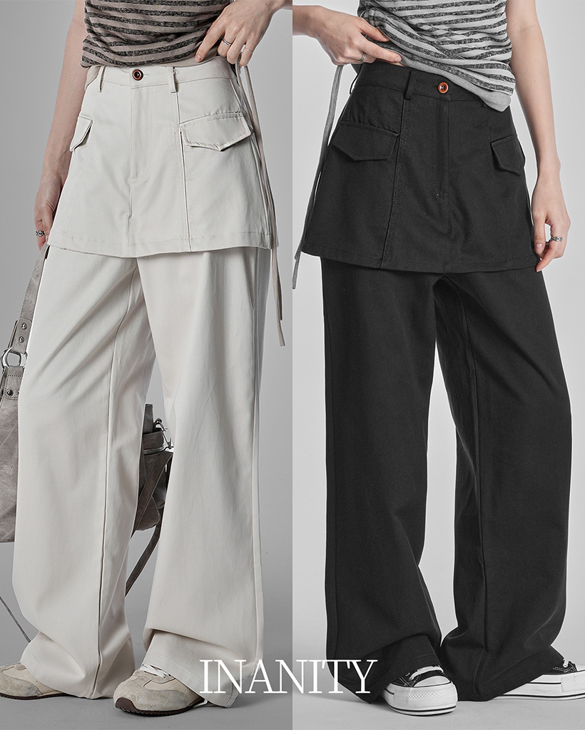 3 color)スカートレイヤードストレートワイドパンツ | ファッション