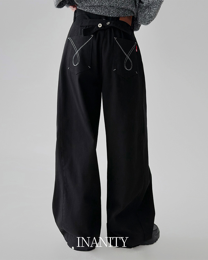 (2color)スナップボタンカーブステッチコットンパンツ