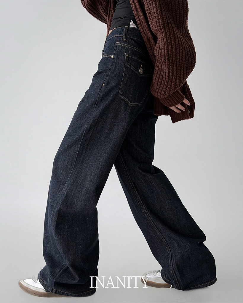 ハイウエストステッチワイドリジッドデニムパンツ