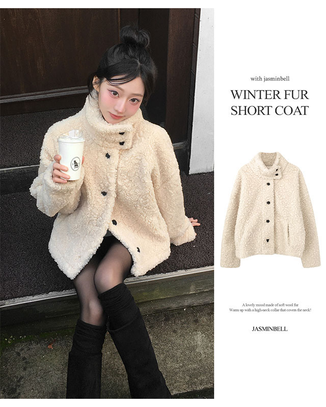 ボアスエードムートンハイネックカラーボタンショートコート