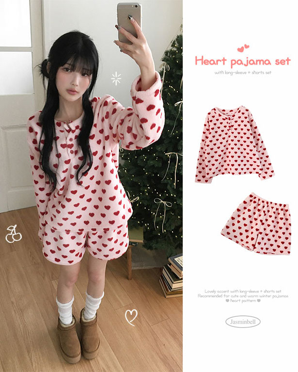 ハート柄厚手ミディ丈ルームウェアパジャマセット
