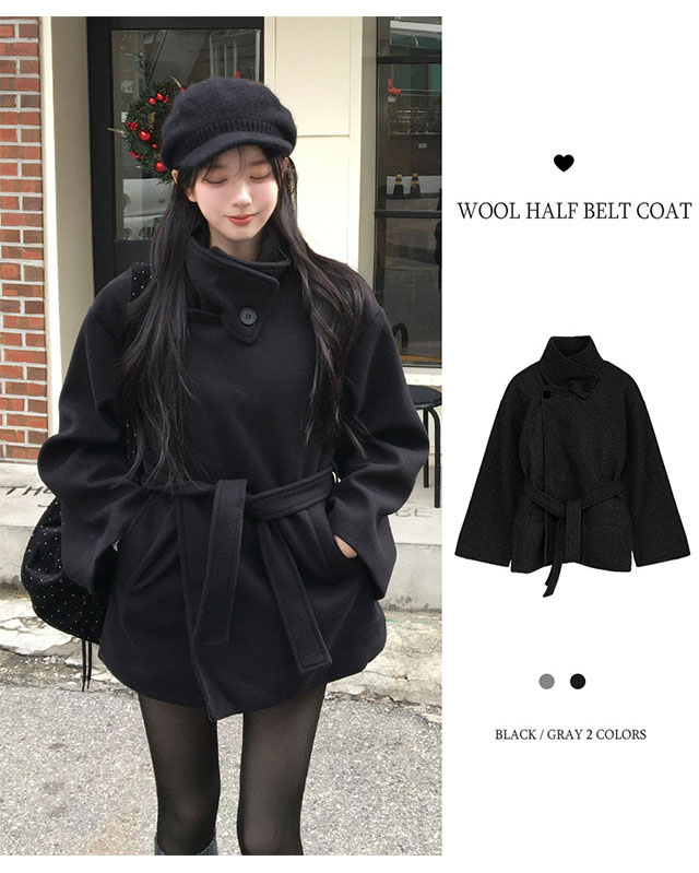 キルティングウールストラップベルト付きコート