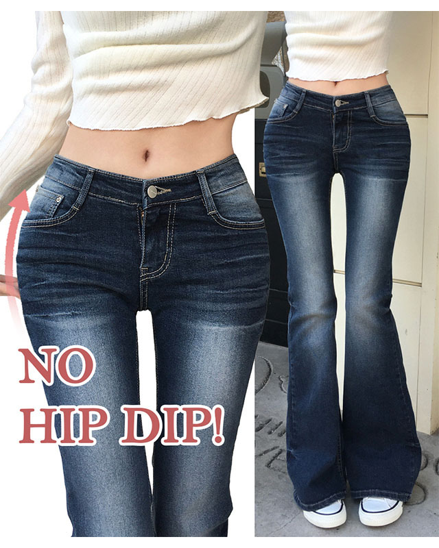 パッド入りローライズウォッシュデニムロングブーツカットパンツ パッド入りローライズウォッシュデニムロングブーツカットパンツ