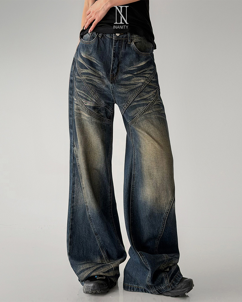 ダブルスリットフレアワイドヴィンテージウォッシュデニムパンツ