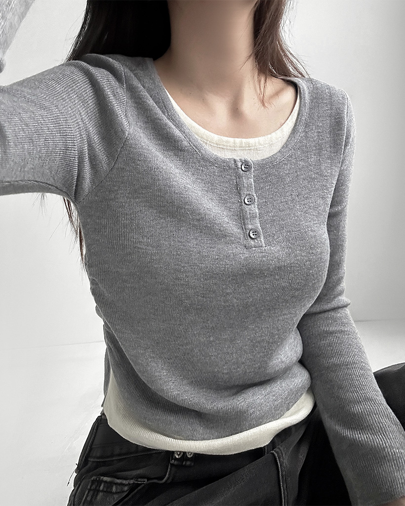 (3color)ボタン付きレイヤードシャーリングボーダーニット